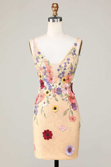 Bodycon Deep V-Neck Champagne Short Homecoming Dress med Appliques